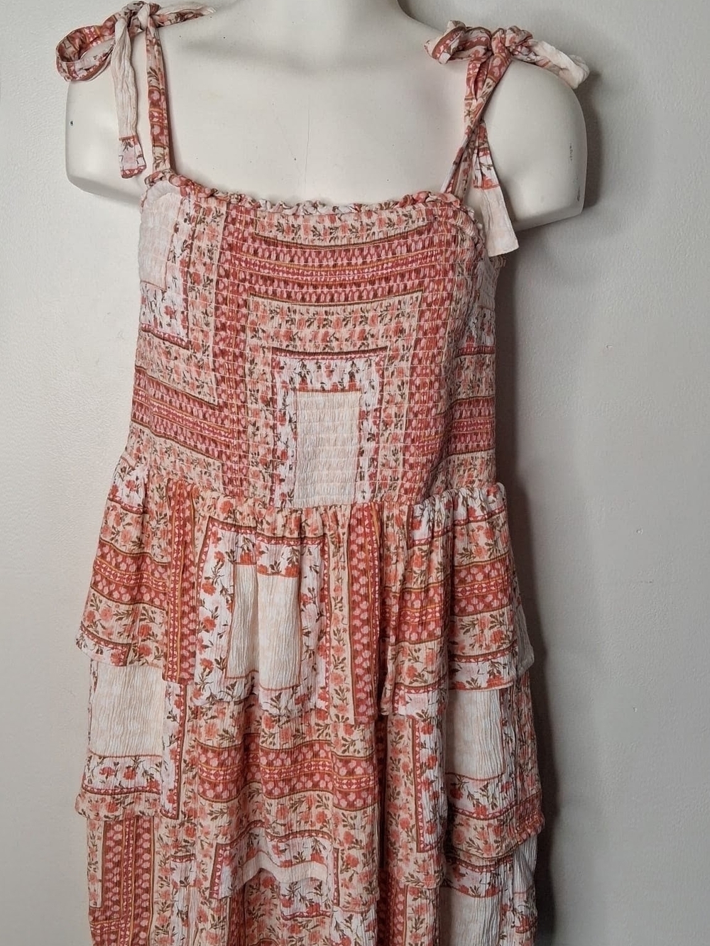 American Eagle Floral Patchwork Smocked Tie Strap Mini Dress M